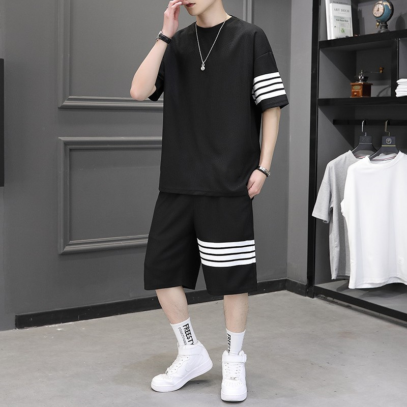 Waffle Short-sleeved Shorts Set Men's Summer Thin Two-piece Short-sleeved T-shirt Casual Sports Set Two-piece Set