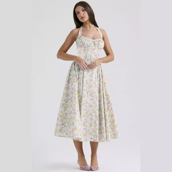 2025 New Summer Slim Sling Long Dress European and American Style Fashion Printed Neck Lace dress