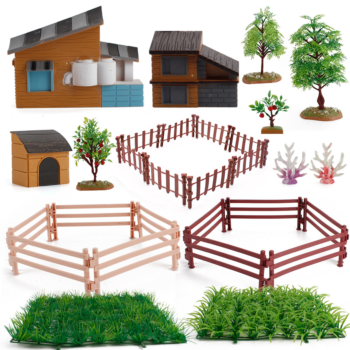 Cross-border Simulation Farm Tree House Scene Model Set Fruit Tree Dog House Fence Children's Micro Sand Table Ornament Toys