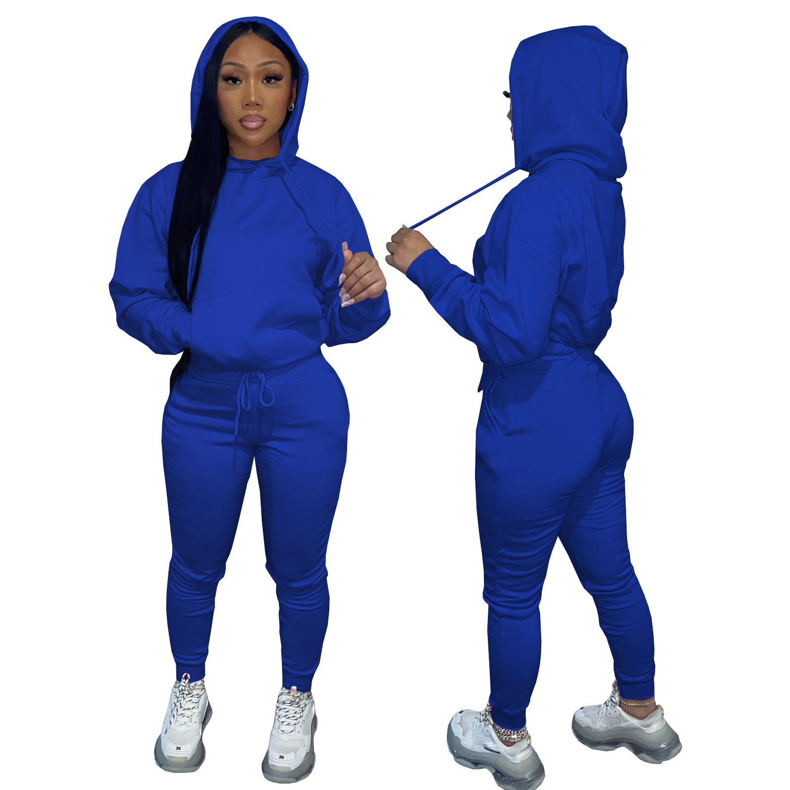 HR8197 European and American women's clothing  independent station supply autumn and winter plus velvet drawstring hooded two-piece set_voghion.com