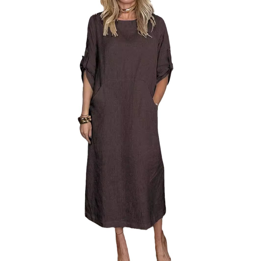 New 2024 Summer Wind Loose Casual Solid Color Short-sleeved Cotton and Linen dress
