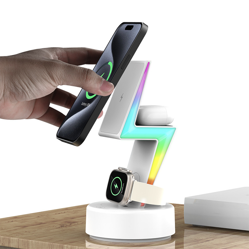 Cross-border new lightning magnetic three-in-one wireless charger RGB light for Apple mobile phone bracket wireless charger