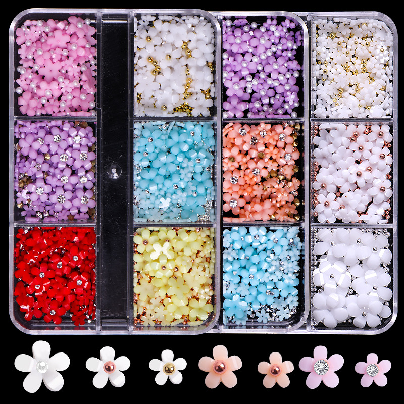 Live cross-border Macaron stereo resin five-petal flower mixed Amazon wholesale light change nail small steel ball wholesale