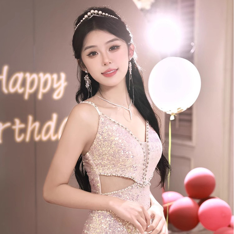 2024 evening dress Women's Light luxury high-end elegant socialite autumn and winter sequined toast dress bride high-end sense