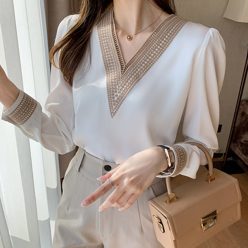 AliExpress Shirt Women's Long-sleeved 2022 Spring New Arrival Fashionable All-match V-neck Satin Chiffon Top