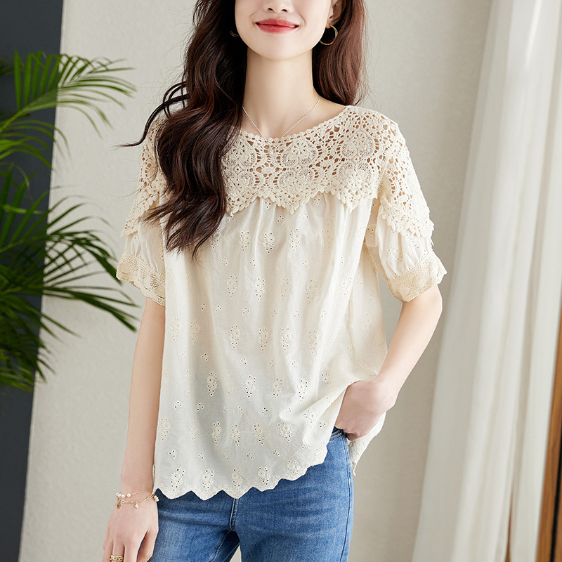 apricot Lace Hollow Top Women's 2024 Summer Lotus Collar Cotton Embroidered Shirt Design Chic Short-sleeved Shirt
