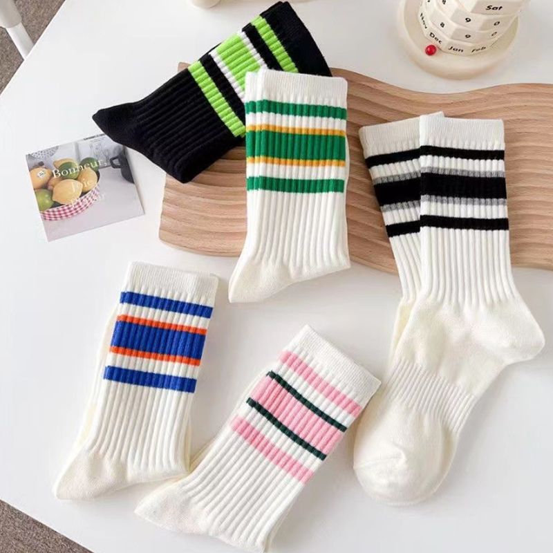Striped socks women's mid-calf length socks ins popular Net red super popular all-match Sports outer wear solid color stockings long high waist