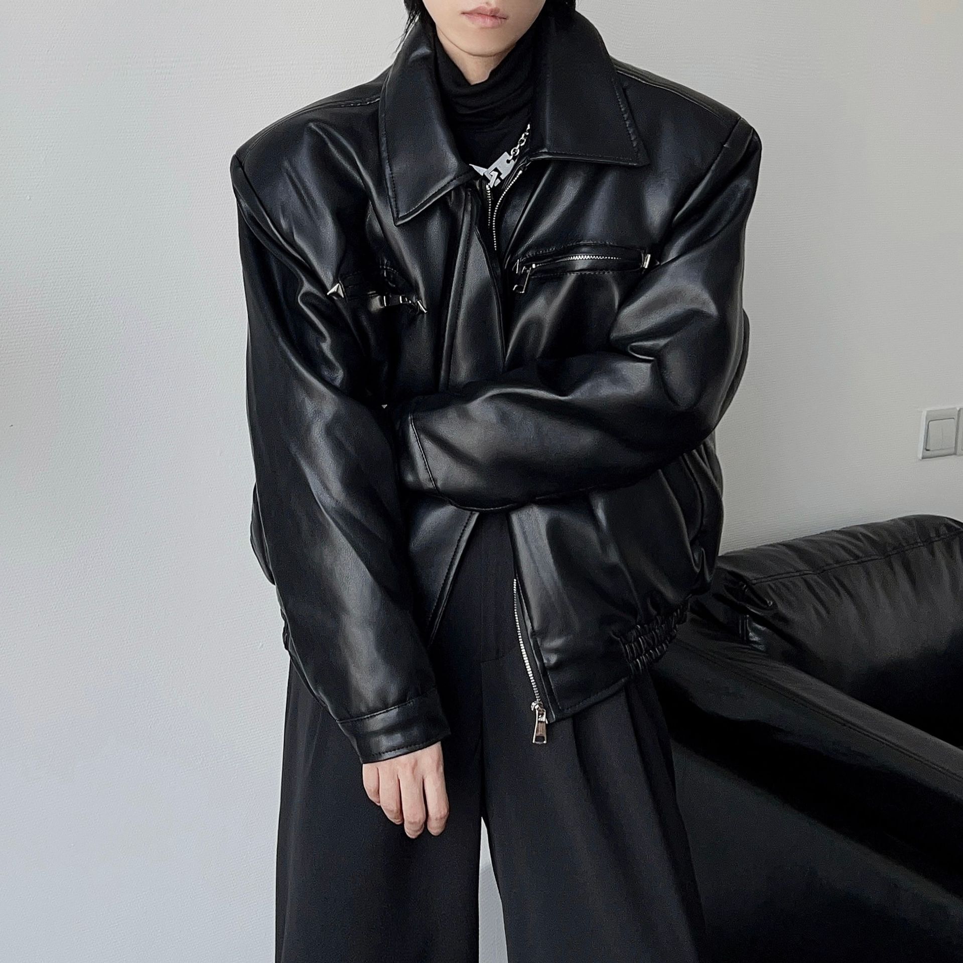 American-style PU Leather Jacket Men's Spring and Autumn British Pia Ya Men's High-end Sense Profile Biker Clothing Tide Leather Jacket