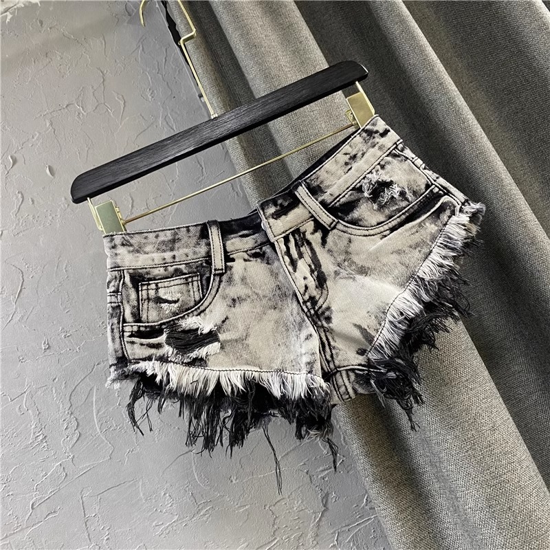 2023 new summer low waist light gray ripped frayed A- line hot pants Korean style women's personalized Denim shorts for women