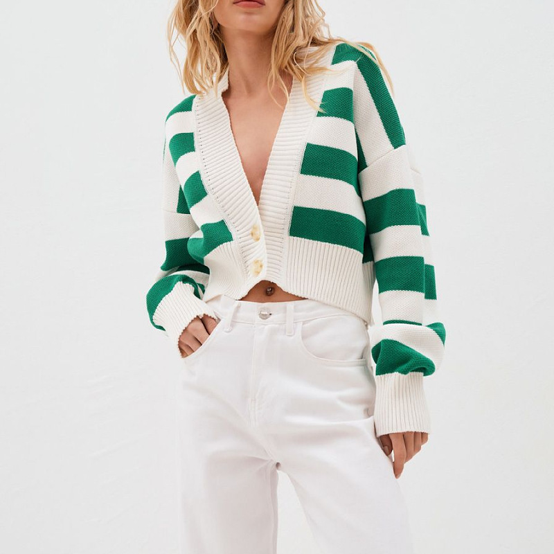 2024 spring and autumn European and American Russian sweater women's cross-border contrast color loose design knitted cardigan coat for women
