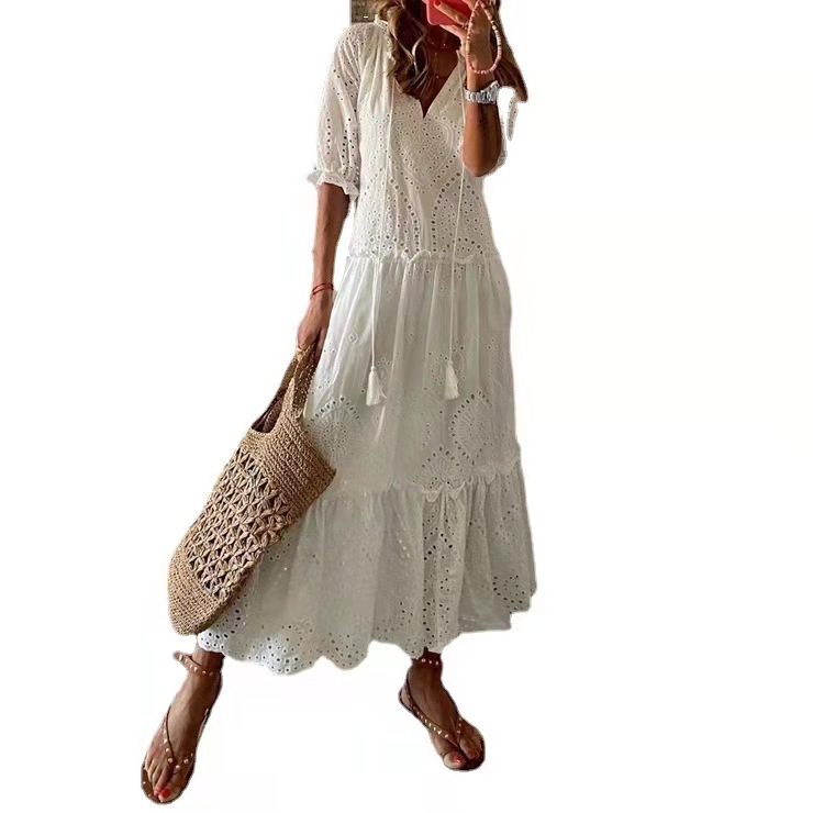 Spot! European and American Cross-border 2021 Casual Sweet V-neck Printed Sling Short-sleeve Mid-length Dress for Women