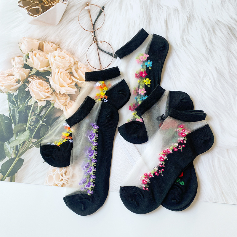 European and American popular women's mid-calf Crystal stockings spring and summer thin embroidered glass Silk women's socks middle-aged and elderly non-slip socks