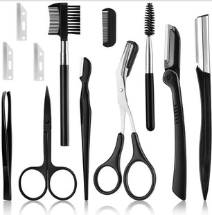 Stainless steel folding eyebrow trimmer beginner beauty eyebrow trimmer black with comb eyebrow clip eyelash brush suit 12-piece set