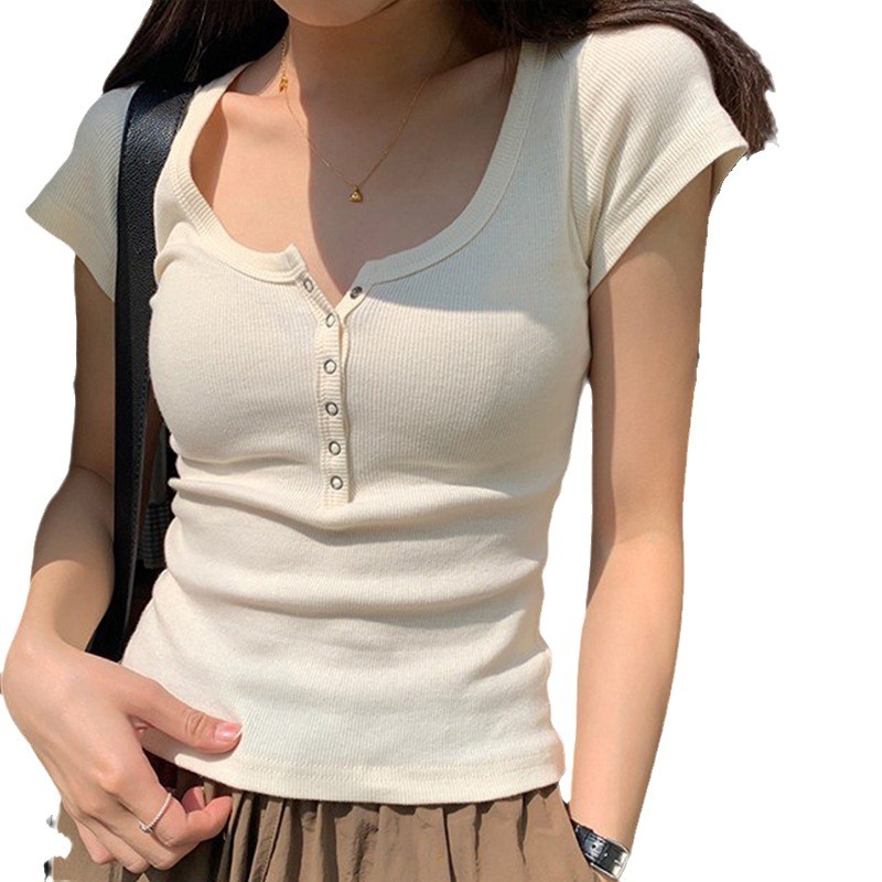 Threaded cotton button T-shirt women's short sleeve 2024 Summer new square collar versatile outer wear slim slimming top bottoming shirt