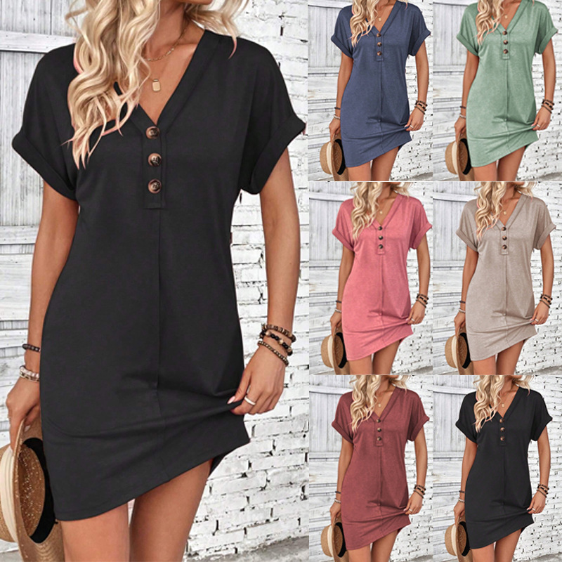 2025 Europe and America Amazon Cross-border Summer Women's Fashion All-match Buckle V-neck with Shoulder Roll Sleeve Solid Color dress