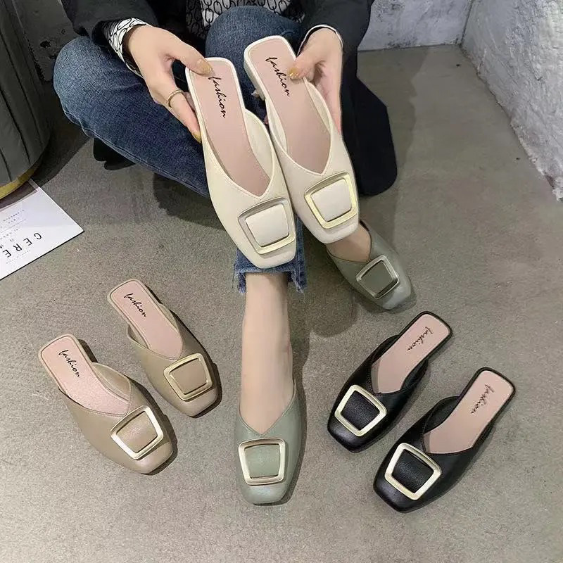 Half Slippers Women's 2023 New Fashionable Square Buckle Thick Soft-soled Sandals with Non-slip Outer Wear Height Increasing Plastic Comfortable Sandals