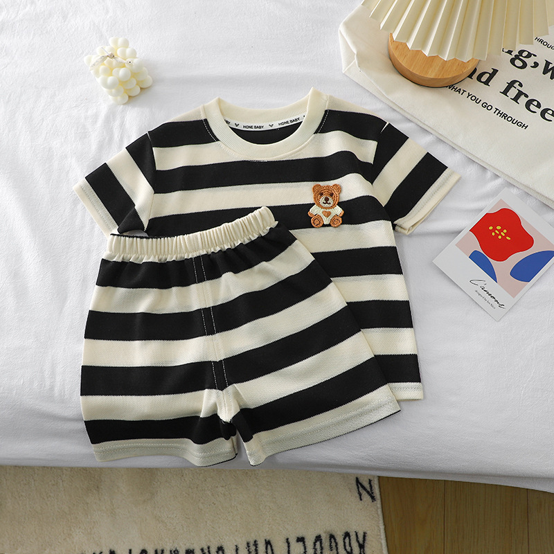 2023 New Children's Short-sleeved Set Striped Girls' T-shirt Summer Baby Baby Clothes Korean Style Children's Clothing