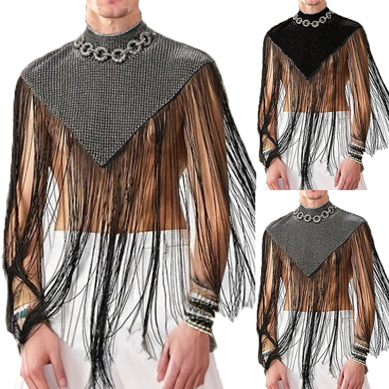 2024 New Stitching Sleeveless Cloak Sexy Foreign Trade Fashion European and American Men's Street Clothing High Collar Tassel Vest