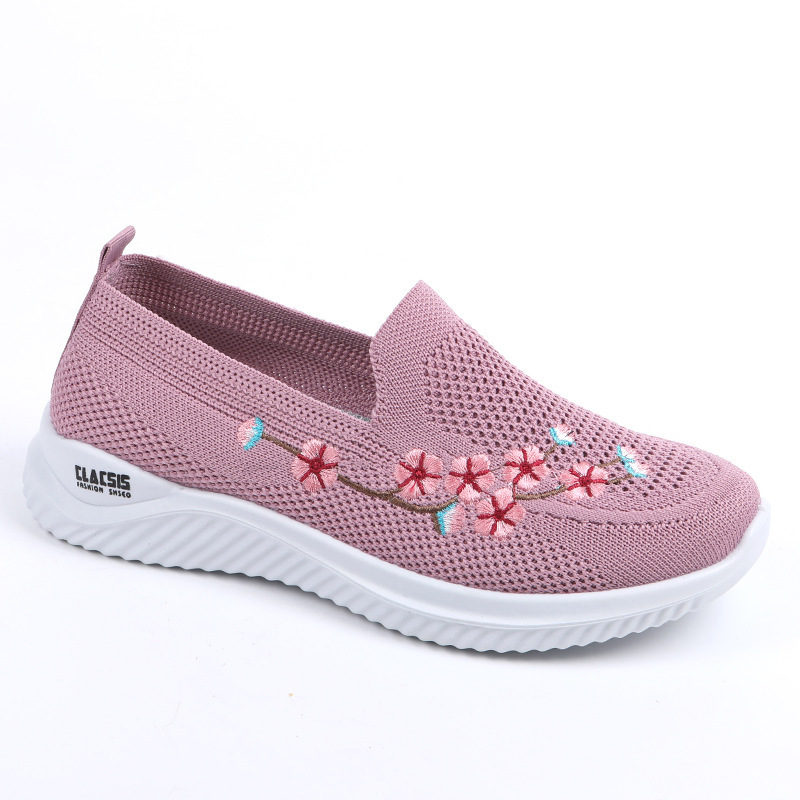 Spring and Summer New Old Lady Shoes Flying Weaving and Embroidered Flower Casual Shoes for Middle-aged and Elderly Mothers Shoes Soft Sole Lightweight Polyurethane Women's Shoes