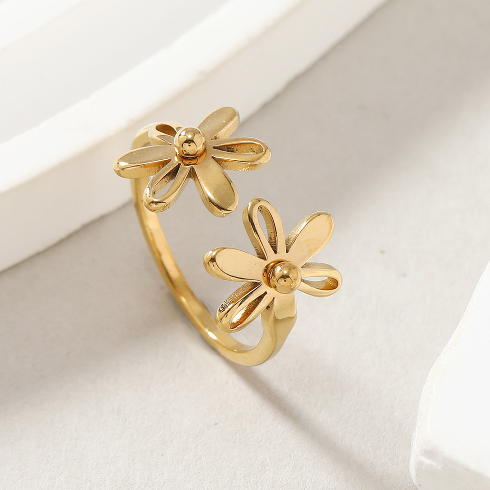 Cross-Border fashion titanium steel ring niche high-grade double-layer flower opening adjustable ring stainless steel jewelry factory