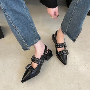 42 plus size summer new Korean version of low mouth flat women's shoes belt buckle niche pointed rivet shoes a generation of hair