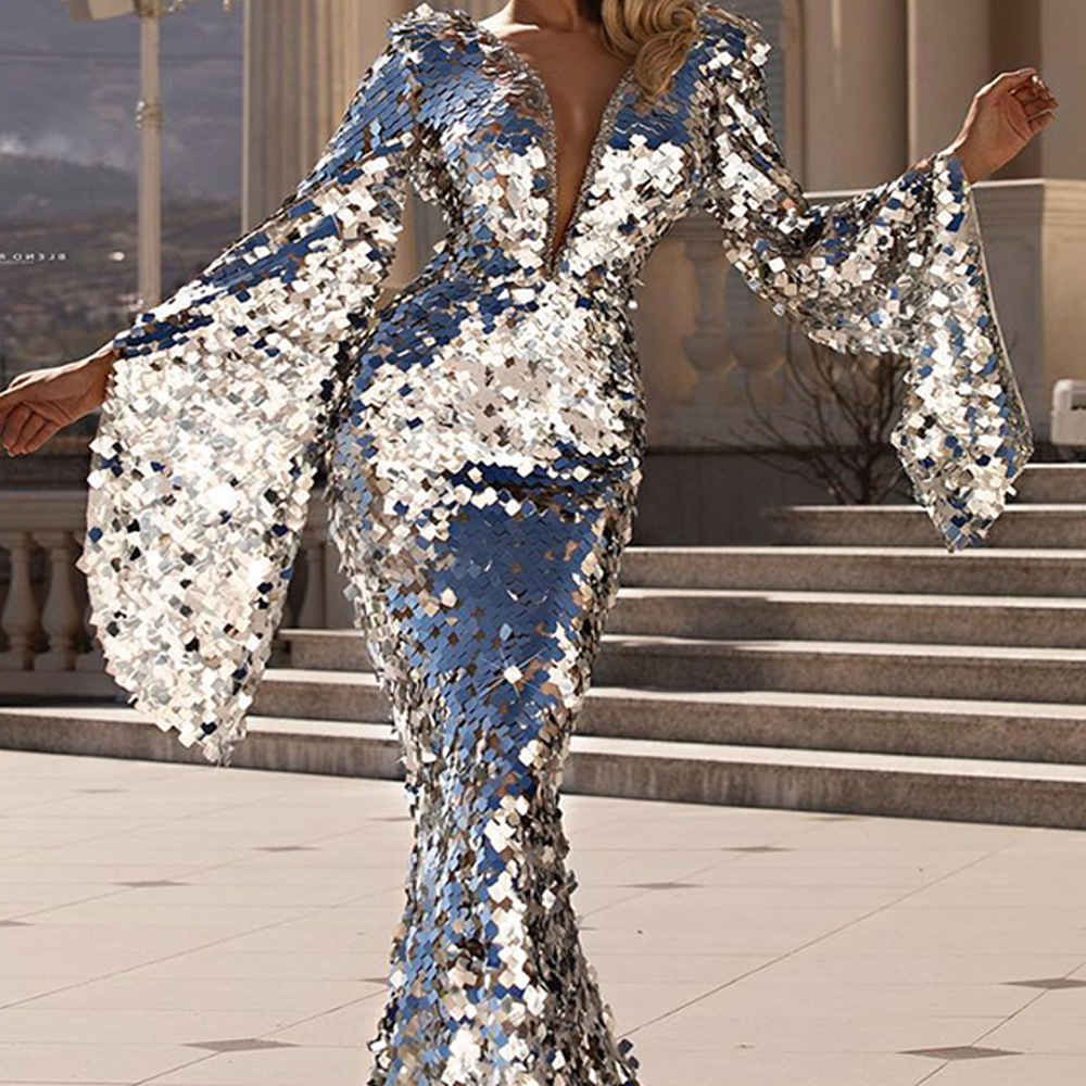 2024 Cross-border Spring New European and American Women's Sexy Sequin Dress Silver Banquet Dress Hip Evening Dress