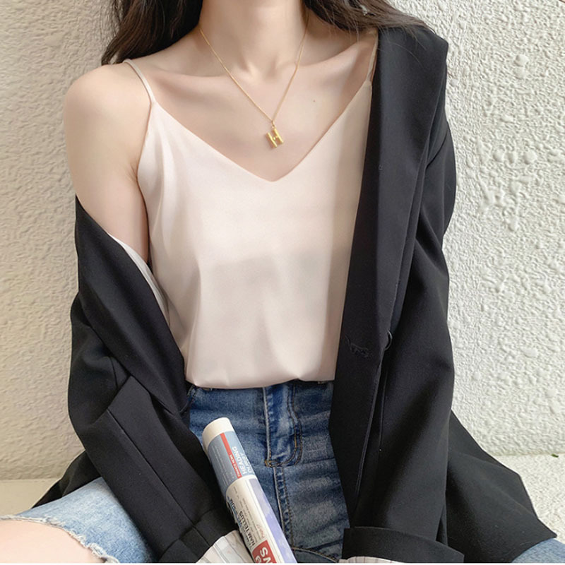 Satin Imitation Silk Camisole Women's Inner Satin V-Neck Spring and Summer Loose Slimming Base Shirt Outer Wear Large Size Batch