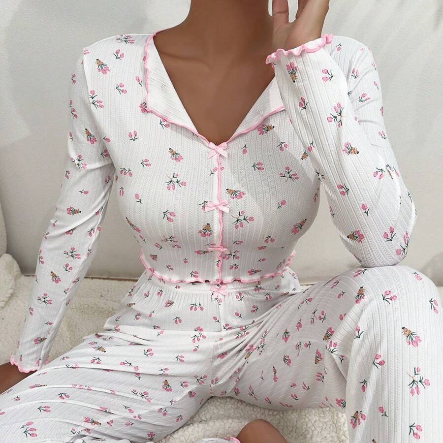 Europe and the United States cross-border hot-selling home clothing bow lapel curling long sleeve pajamas women can wear pants two-piece suit