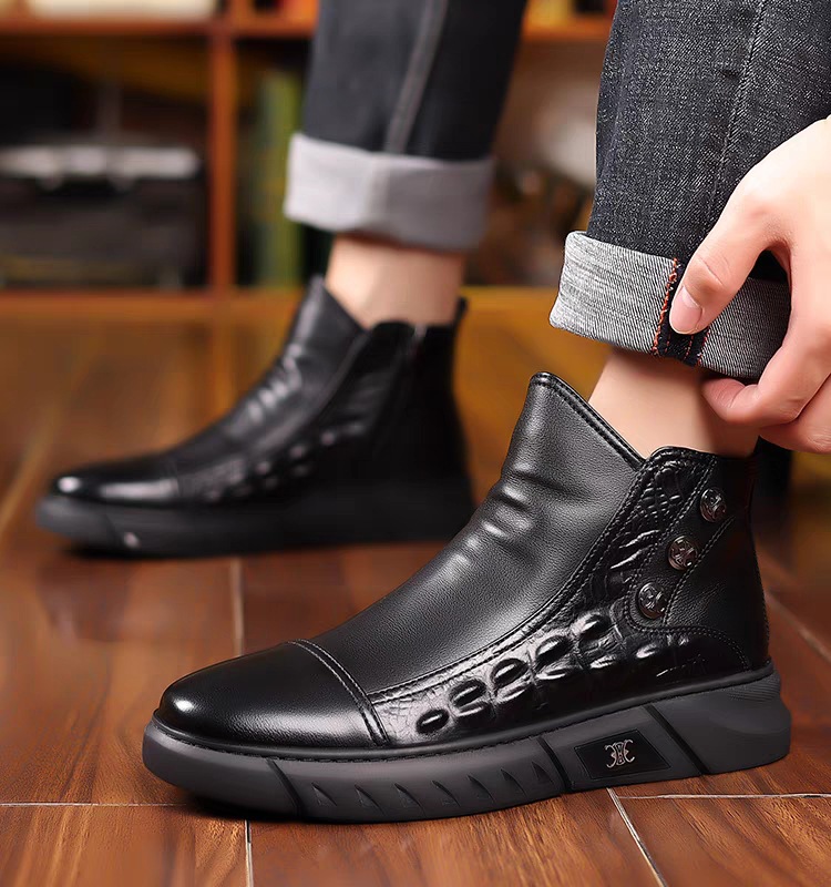 Martin boots men's shoes 2023 Winter new high-top casual crocodile pattern men's trendy fleece-lined warm side zipper overalls boots