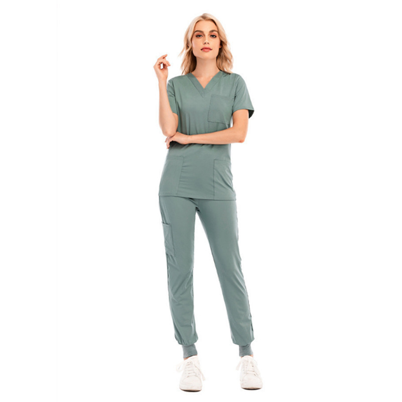 New Sports Leisure Solid Color V-Neck Short Sleeve Pocket Nurse Clothing Medical Care Clothing Split Nurse Work Uniform Set