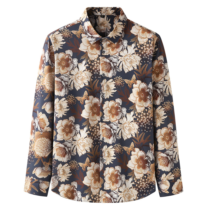 European and American Cross-border plus size Men's Long-sleeved Printed Shirt for Chubby Spring and Autumn Loose Casual Plus Large Size Shirt