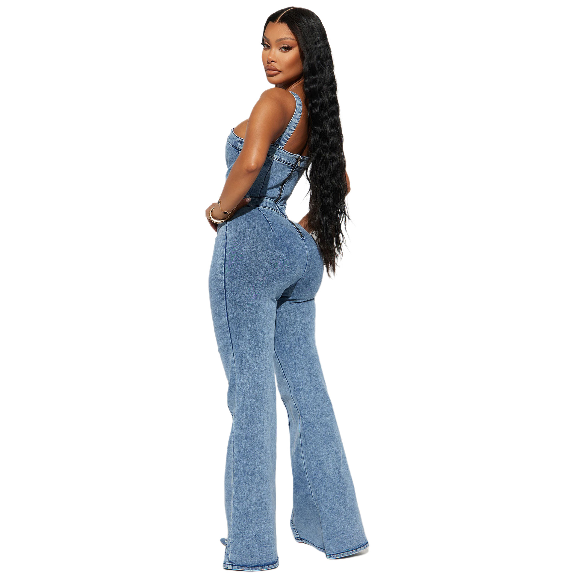 354 women's fashion casual sexy strap Denim jumpsuit wide leg pants flared pants