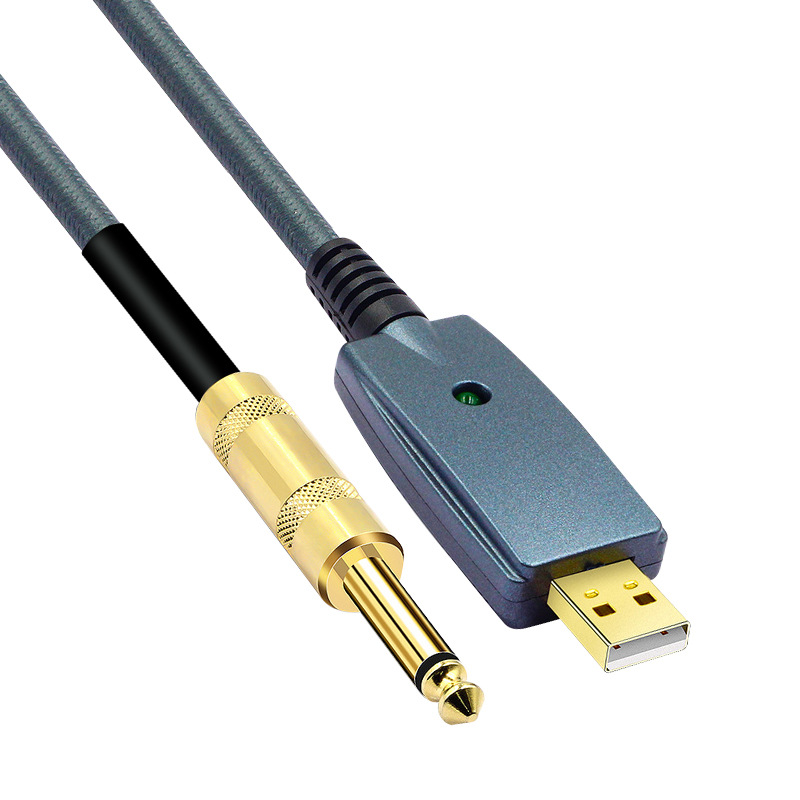 Laptop USB male to 6.35MM guitar male audio recording cable with power indicator