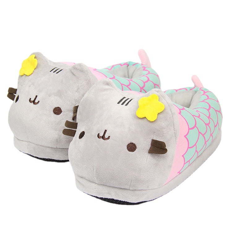 Pantoufles en peluche de dessin animé sirène gros chat gris, chaussures d'intérieur et d'hiver pour la maison, pantoufles en coton avec chat mignon, chaussures de lune pour femmes_voghion.com