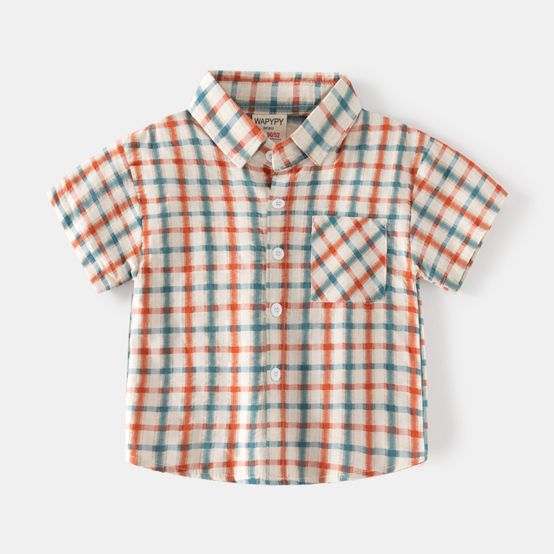 Boys plaid shirt 2023 Summer Children's short sleeve shirt wholesale baby pocket shirt fresh plaid shirt