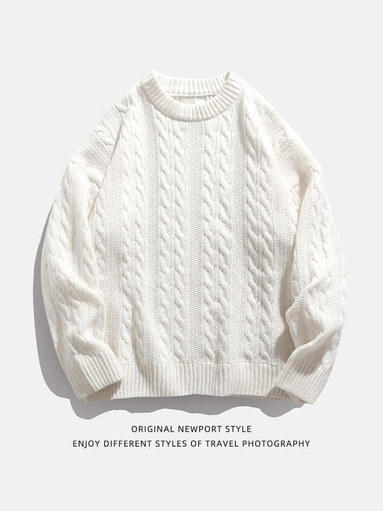 Hanlu Japanese men's cable-knitted solid color round neck sweaters for men and women in autumn and winter loose retro knitted sweater jackets