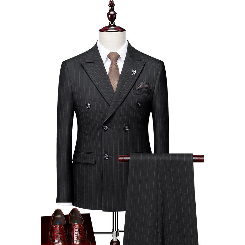 Groom Suit Men's Wedding Dress Korean Style Slim-fit Striped Double-breasted Suit Men's Suit Four Seasons Formal Suit