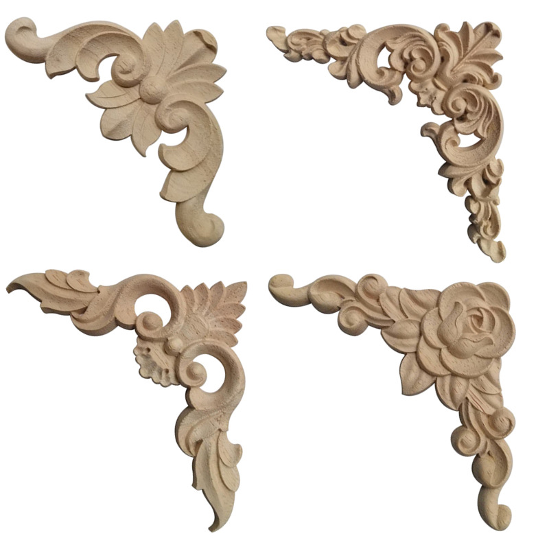Corner Flower Wood Carving Flower Piece Solid Wood Wiring Strip Matching Corner Flower Decal Cabinet Door Wall Panel European French Decorative Accessories
