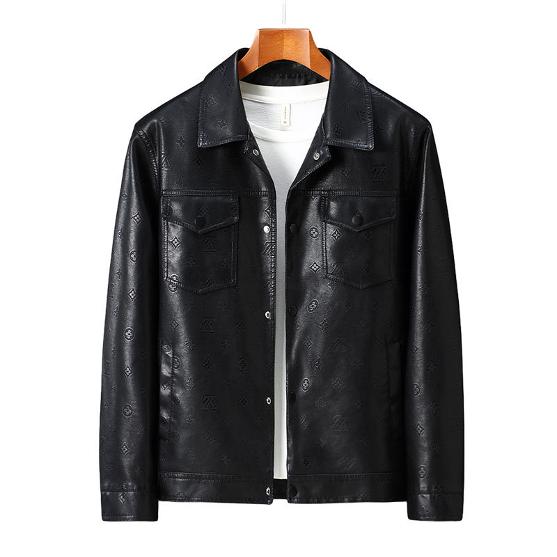 Leather coat men's spring and autumn fashion brand European station casual men's jacket leather jacket high-end lapel printing fashion