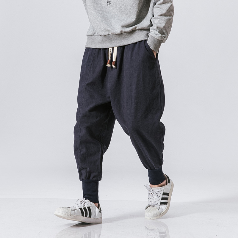 2024 New Solid Color Japanese Style Casual Pants Cotton Linen Breathable Thin Pants Men's Suspenders Cropped Hallen Pants