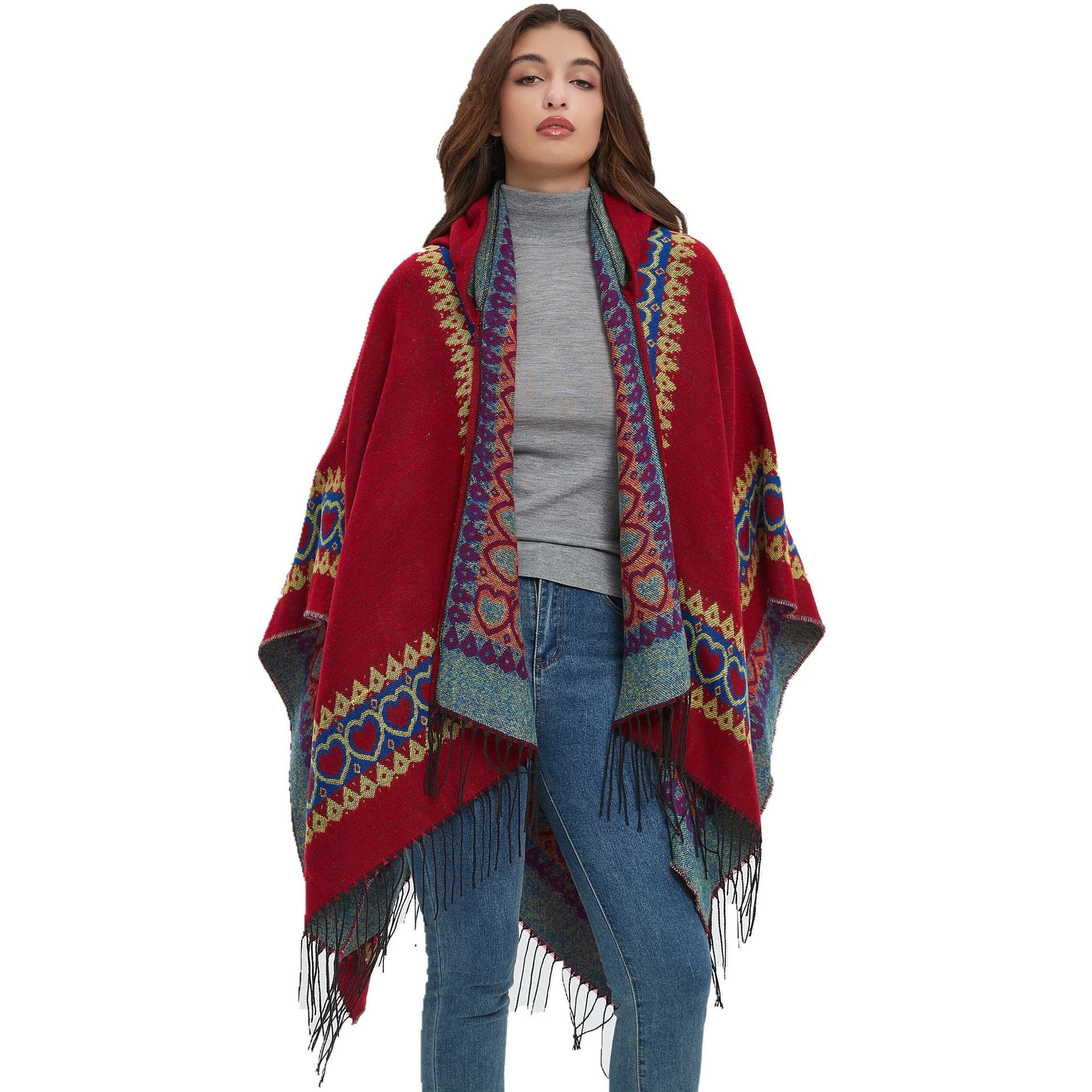 Cross-border 23 foreign trade new shawl European and American spring and autumn winter cloak ethnic style lovely red tassel hooded cloak