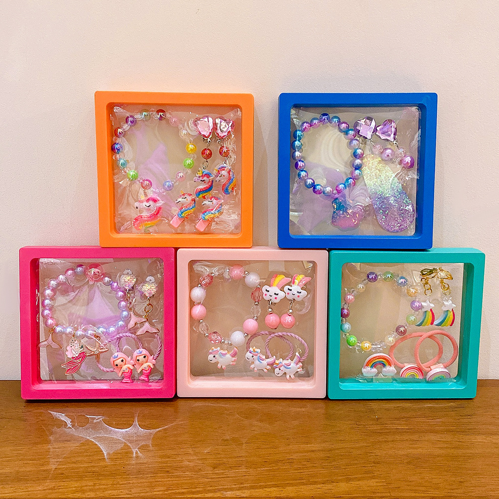 Children's Bracelet Set Unicorn Fish Tail Beaded Jewelry Cute Baby Ear Clip Jewelry Gift Box Cross-border Girls' Matching