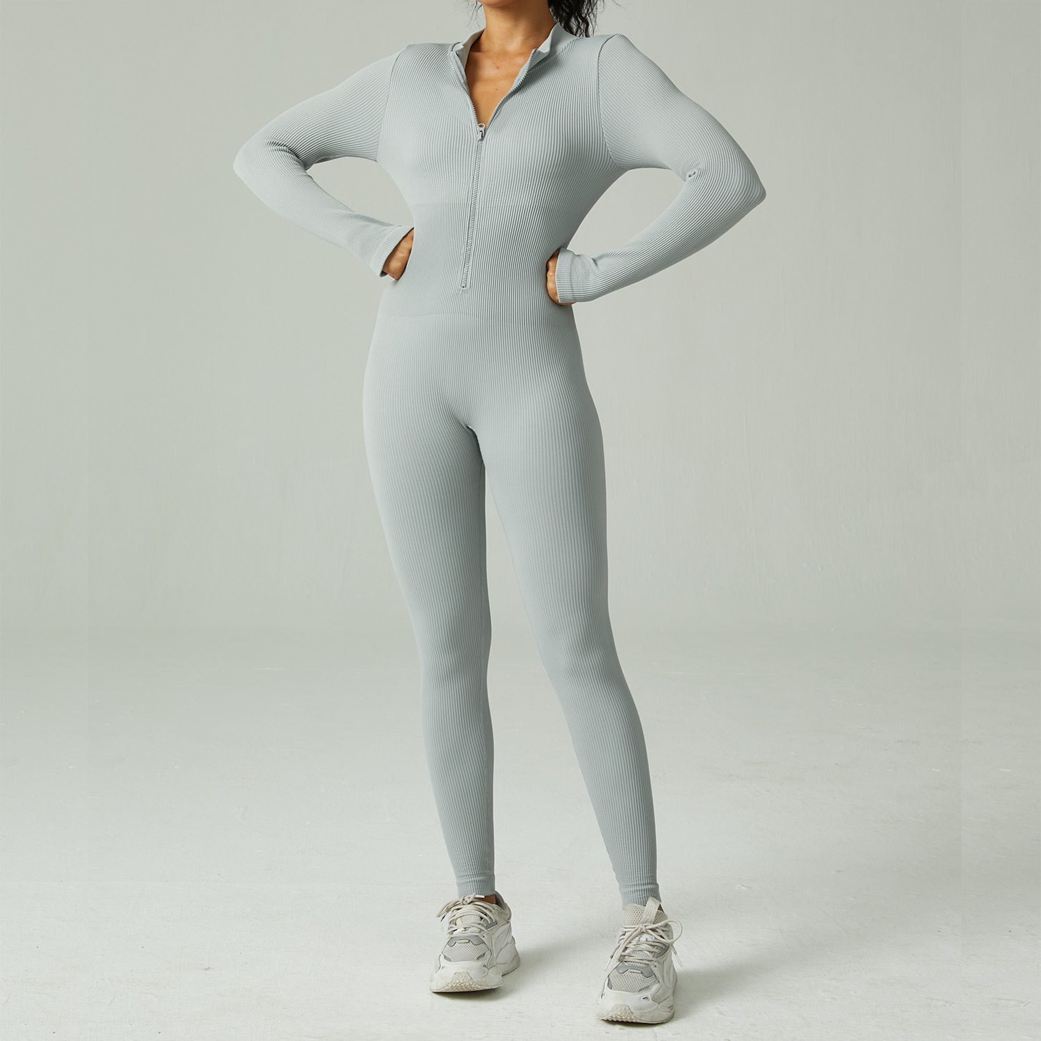 New European and American seamless zipper long-sleeved trousers one-piece yoga suit tight running quick-drying sports workout clothes