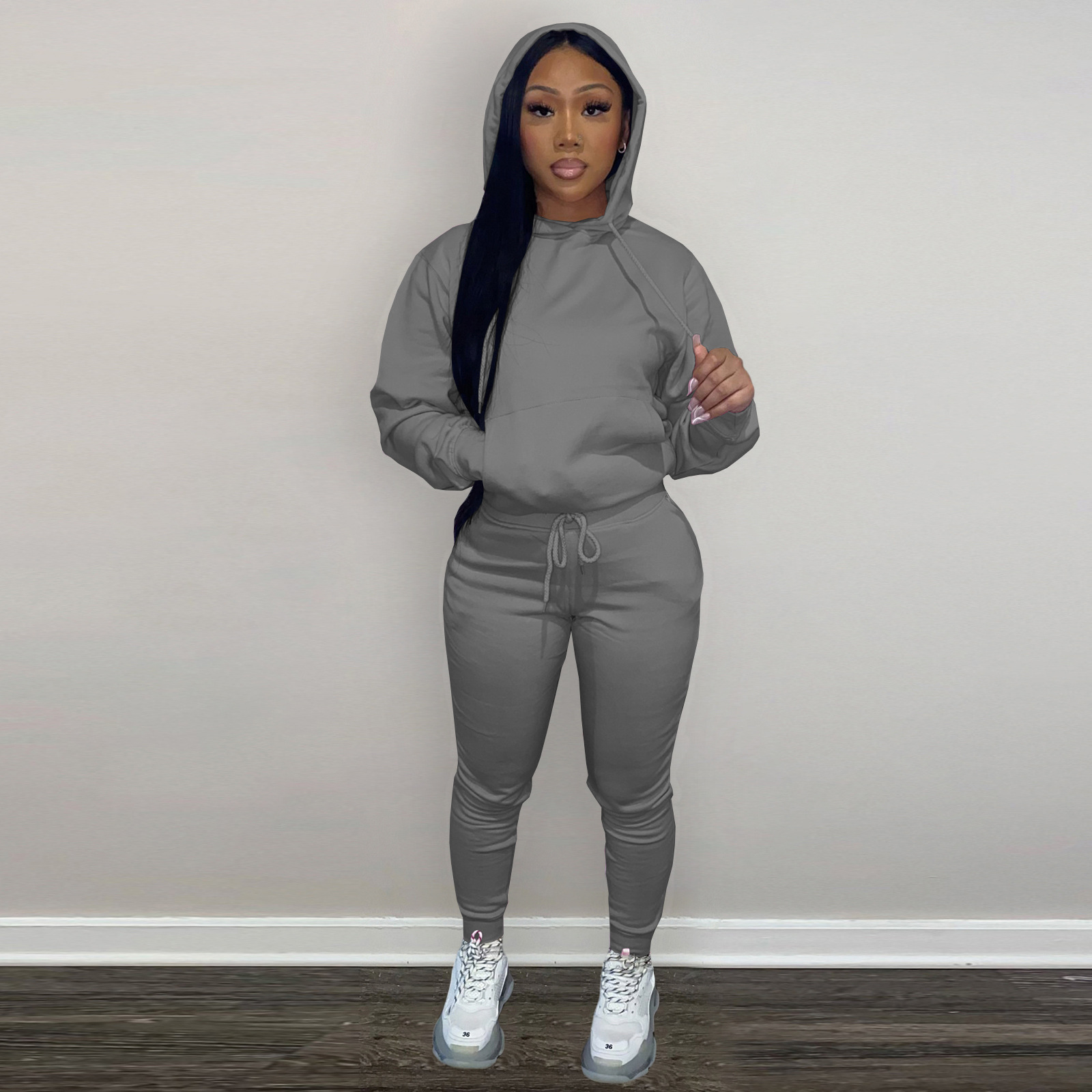 HR8197 European and American women's clothing  independent station supply autumn and winter plus velvet drawstring hooded two-piece set_voghion.com