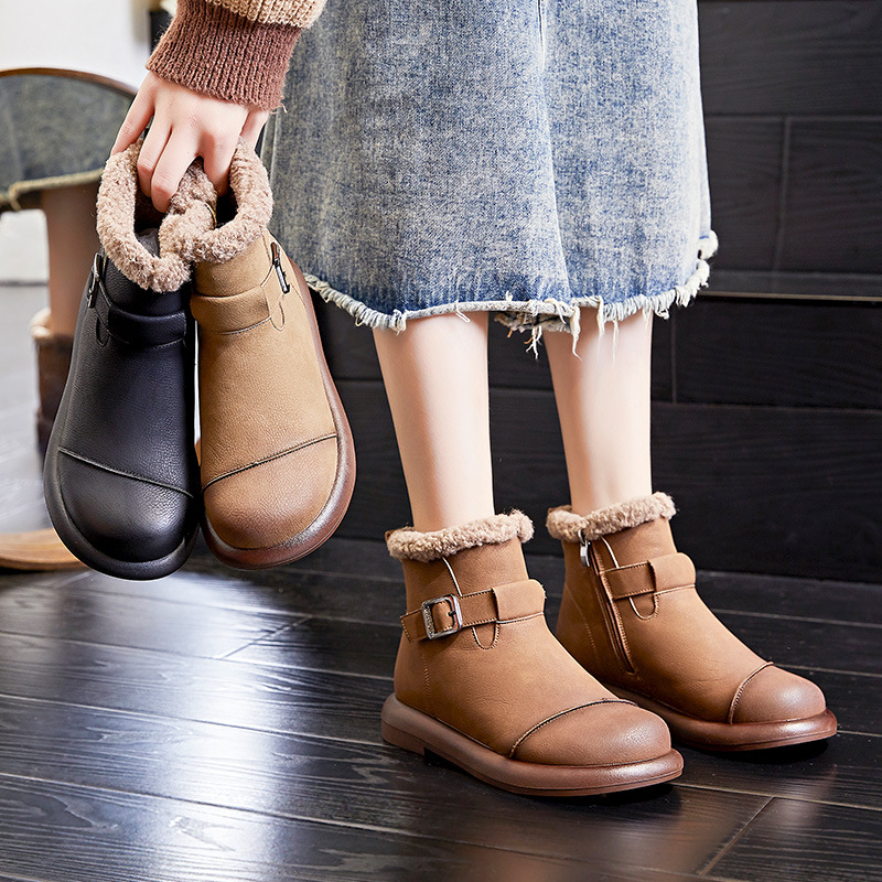 Retro snow boots for women 2024 Winter new women's low heel ankle boots fleece-lined warm women's boots casual all-match boots