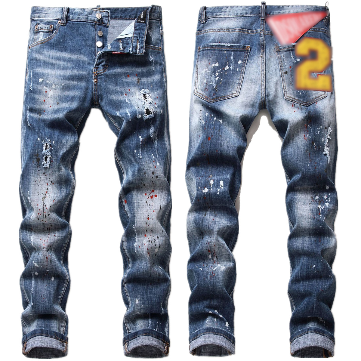 Europe and the United States new tattered disorderly line splash paint men's slim hole Big badge elastic D2 small straight tube trendy men's jeans