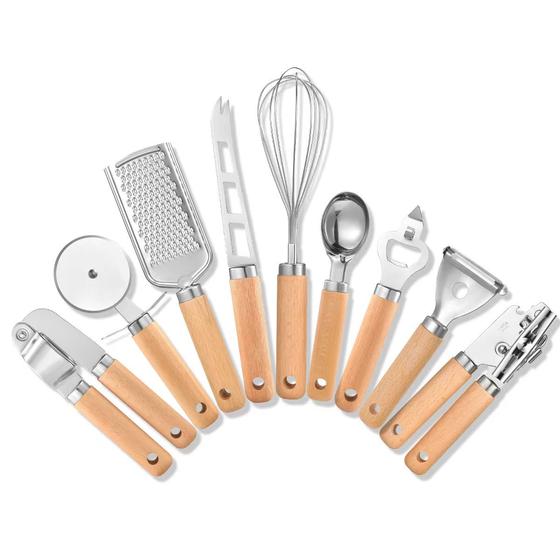 Kitchen Gadgets Wooden Handle Set Small Kitchenware Stainless Steel Egg Beater Baking Set Pizza Tools Cheese Knife