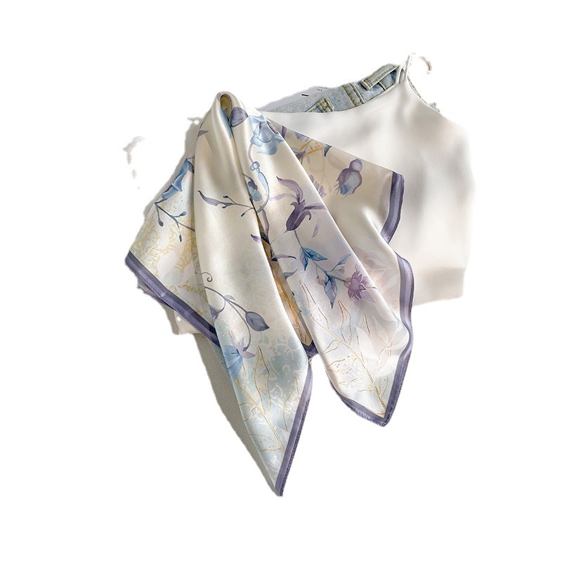 Light luxury Nordic style purple morning glory printed mulberry silk scarf women's high-end elegant 100% Silk small square scarf