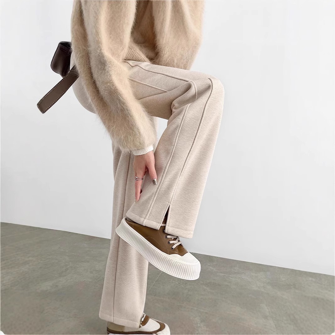 Herringbone fleece-lined Wide Leg Pants Women's Autumn and Winter 2025 New Casual Split Pants Straight Slimming Narrow Banana Pants