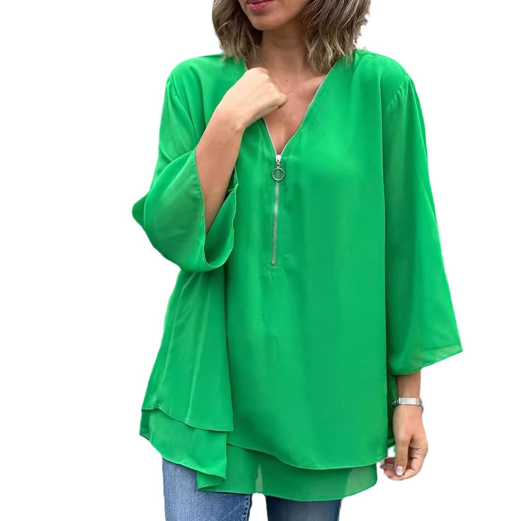 2024 Cross-border European and American Independent Station V-neck Seven-sleeve Casual Chiffon Top Metal Zipper Loose Casual Top